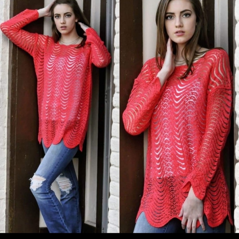 Last One! Open Knit Scalloped Hem Sweater